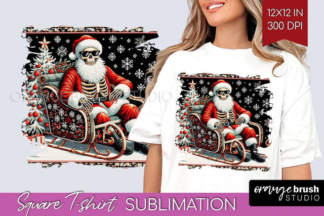 Christmas Skeleton Square Tshirt Background, Santa Skull PNG Sublimation OrangeBrushStudio 