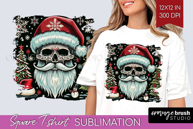 Christmas Skeleton Square Tshirt Background, Santa Skull PNG Sublimation OrangeBrushStudio 