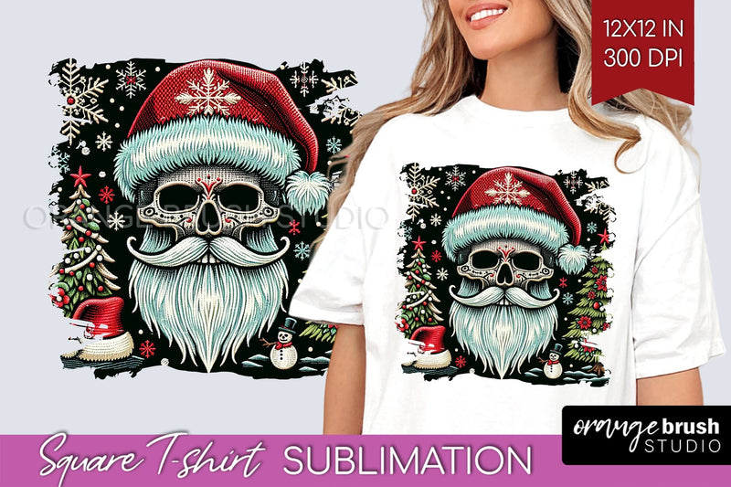 Christmas Skeleton Square Tshirt Background, Santa Skull PNG Sublimation OrangeBrushStudio 