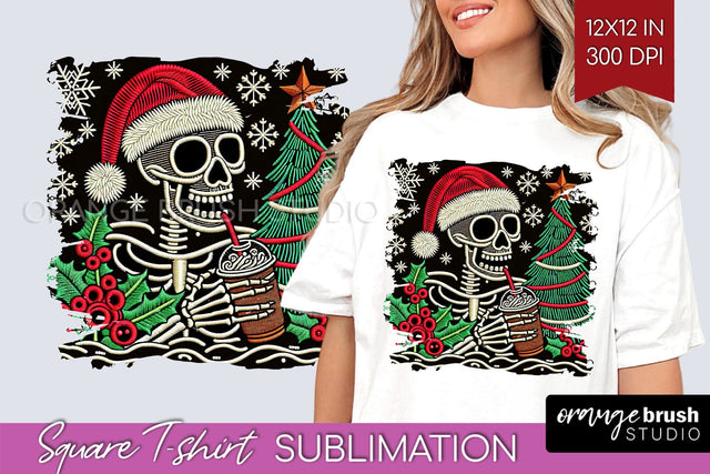 Christmas Skeleton Square Tshirt Background, Santa Skull PNG Sublimation OrangeBrushStudio 