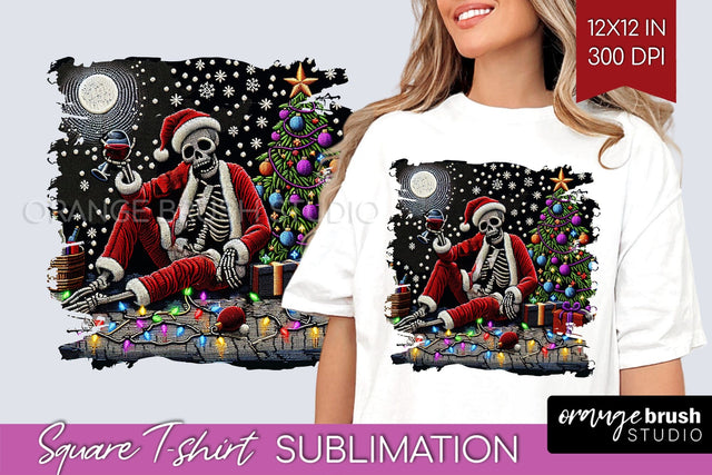 Christmas Skeleton Square Tshirt Background, Santa Skull PNG Sublimation OrangeBrushStudio 