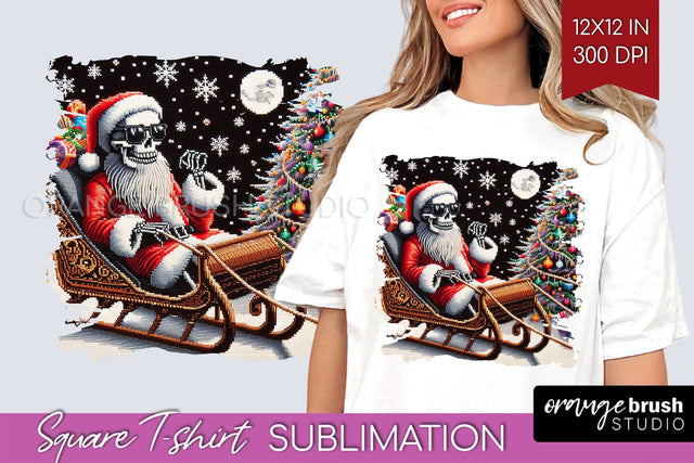 Christmas Skeleton Square Tshirt Background, Santa Skull PNG Sublimation OrangeBrushStudio 