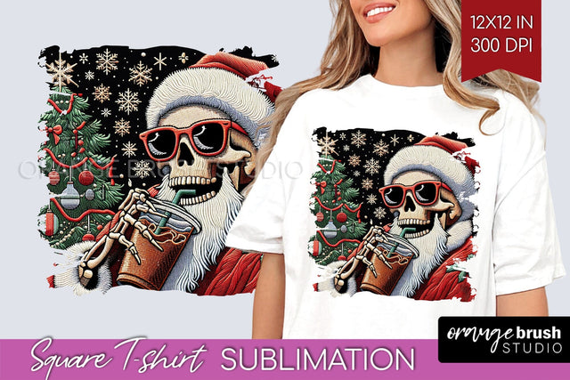Christmas Skeleton Square Tshirt Background, Santa Skull PNG Sublimation OrangeBrushStudio 