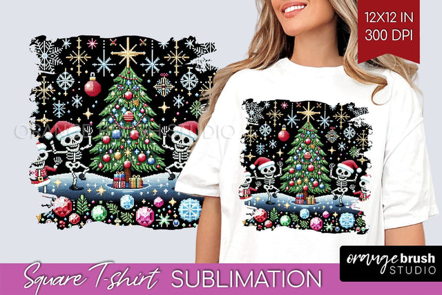 Christmas Skeleton Square Tshirt Background, Santa Skull PNG Sublimation OrangeBrushStudio 