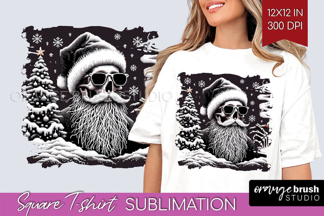 Christmas Skeleton Square Tshirt Background, Santa Skull PNG Sublimation OrangeBrushStudio 