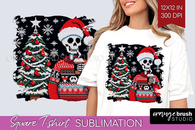 Christmas Skeleton Square Tshirt Background, Santa Skull PNG Sublimation OrangeBrushStudio 
