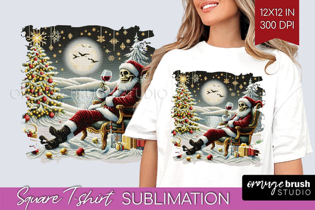 Christmas Skeleton Square Tshirt Background, Santa Skull PNG Sublimation OrangeBrushStudio 