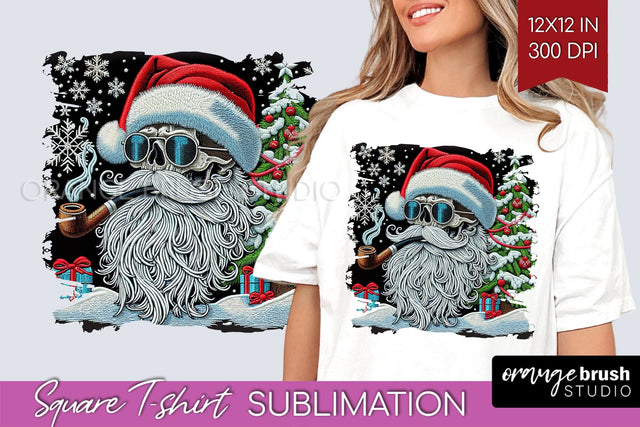Christmas Skeleton Square Tshirt Background, Santa Skull PNG Sublimation OrangeBrushStudio 