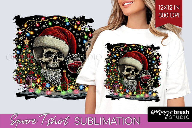 Christmas Skeleton Square Tshirt Background, Santa Skull PNG Sublimation OrangeBrushStudio 