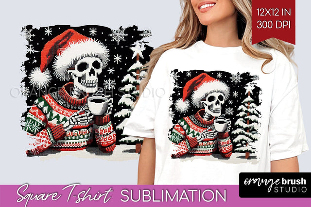 Christmas Skeleton Square Tshirt Background, Santa Skull PNG Sublimation OrangeBrushStudio 