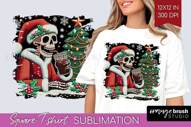 Christmas Skeleton Square Tshirt Background, Santa Skull PNG Sublimation OrangeBrushStudio 