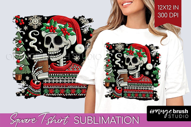 Christmas Skeleton Square Tshirt Background, Santa Skull PNG Sublimation OrangeBrushStudio 