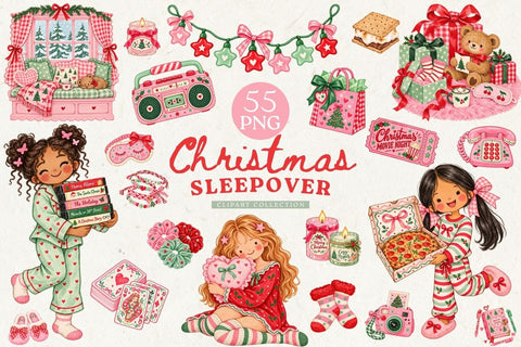 Christmas Sleepover Clipart, Pink Christmas Movie Night PNG Sublimation Petunia Digital Design 
