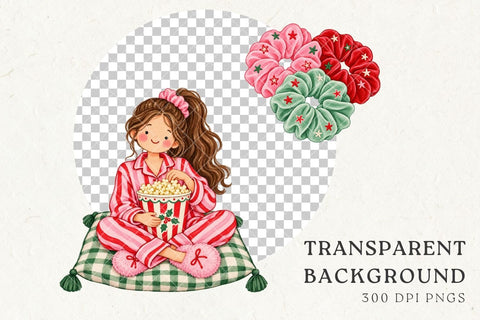 Christmas Sleepover Clipart, Pink Christmas Movie Night PNG Sublimation Petunia Digital Design 