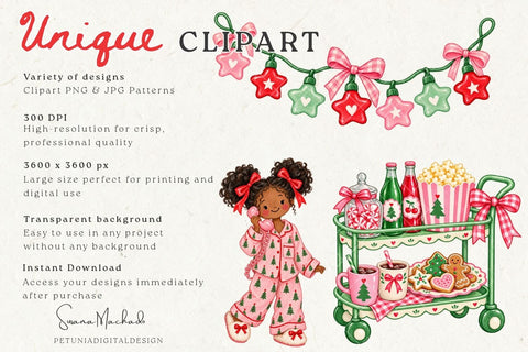 Christmas Sleepover Clipart, Pink Christmas Movie Night PNG Sublimation Petunia Digital Design 