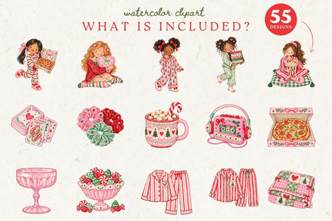 Christmas Sleepover Clipart, Pink Christmas Movie Night PNG Sublimation Petunia Digital Design 