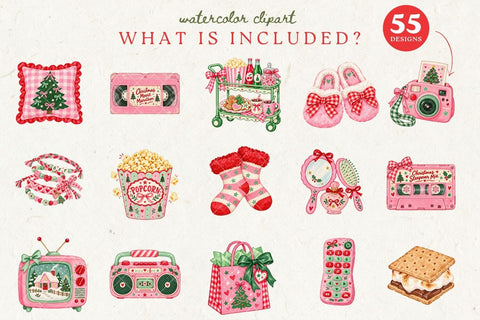 Christmas Sleepover Clipart, Pink Christmas Movie Night PNG Sublimation Petunia Digital Design 