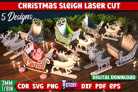 Christmas Sleigh Bundle | Reindeer Sled | Santa's Sleigh | Holiday Décor | CNC Files SVG The T Store Design 