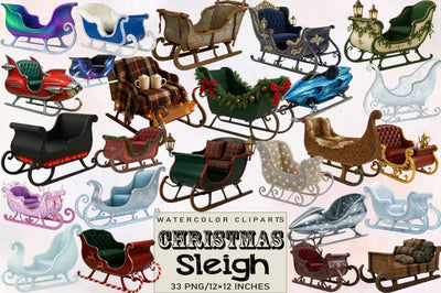Christmas Sleigh Clipart Bundle. Sublimation SVGArt 