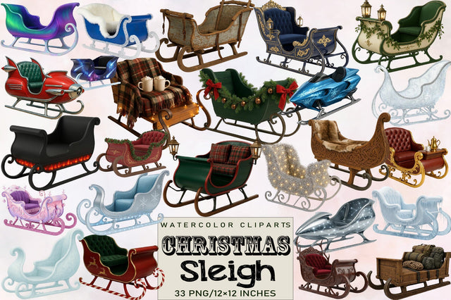 Christmas Sleigh Clipart Bundle. Sublimation SVGArt 
