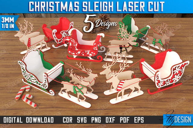 Christmas Sleigh Laser Cut Bundle | Reindeer Sled | Santa's Sleigh | Holiday Décor | CNC Files SVG Fly Design 