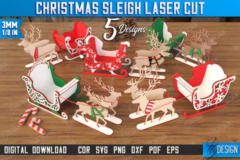 Christmas Sleigh Laser Cut Bundle | Reindeer Sled | Santa's Sleigh | Holiday Décor | CNC Files SVG Fly Design 