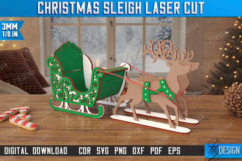 Christmas Sleigh Laser Cut Bundle | Reindeer Sled | Santa's Sleigh | Holiday Décor | CNC Files SVG Fly Design 