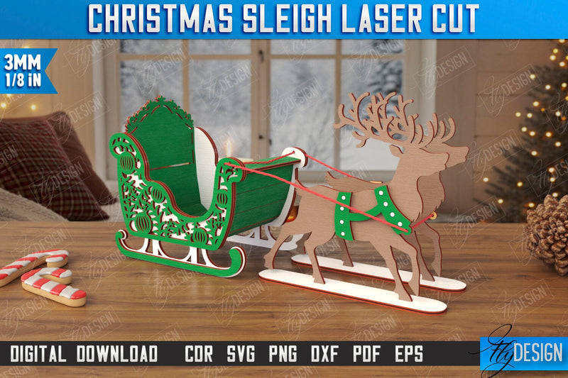 Christmas Sleigh Laser Cut | Reindeer Sled | Santa's Sleigh | Holiday Décor | CNC File SVG Fly Design 