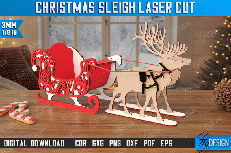 Christmas Sleigh Laser Cut | Reindeer Sled | Santa's Sleigh | Holiday Décor | CNC File SVG Fly Design 