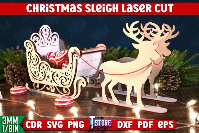 Christmas Sleigh | Reindeer Sled | Santa's Sleigh | Holiday Décor | CNC File SVG The T Store Design 
