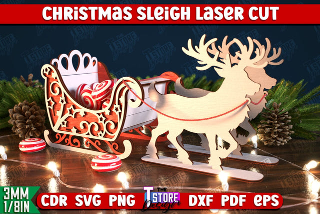 Christmas Sleigh | Reindeer Sled | Santa's Sleigh | Holiday Décor | CNC File SVG The T Store Design 