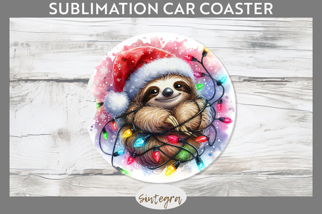 Christmas Sloth Entangled in Lights Car Coaster Sublimation Sublimation Sintegra 
