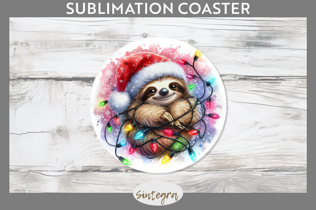Christmas Sloth Entangled in Lights Round Coaster Sublimation Sublimation Sintegra 