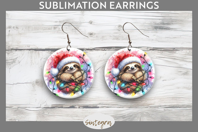 Christmas Sloth Entangled in Lights Round Earrings Sublimation Sublimation Sintegra 