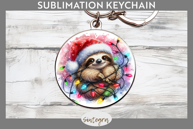 Christmas Sloth Entangled in Lights Round Keychain Sublimation Sublimation Sintegra 