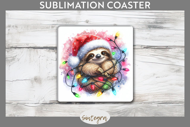 Christmas Sloth Entangled in Lights Square Coaster Sublimation Sublimation Sintegra 
