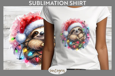Christmas Sloth Entangled in Lights T-shirt Sublimation Sublimation Sintegra 