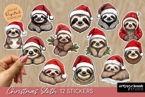 Christmas Sloth Stickers, Printable Christmas Sticker Sheet Sublimation OrangeBrushStudio 