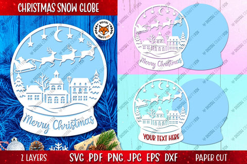 Christmas Snow Globe, Flying Santa Claus SVG, Santa Reindeer 3D Paper Digital Craftyfox 