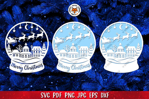 Christmas Snow Globe, Flying Santa Claus SVG, Santa Reindeer 3D Paper Digital Craftyfox 