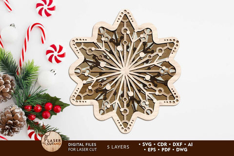 Christmas Snowflake Ornaments, Laser Cut Template, Wood Cut and Paper Cut Files SVG LaserCutano 