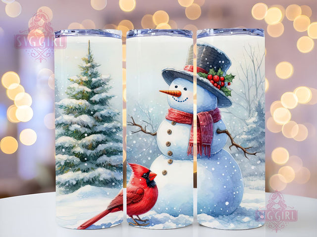 Christmas Snowman 20oz Skinny Tumbler Wrap, Snowman With A Cardinal Sublimation Tumbler Designs Sublimation SvggirlplusArt 