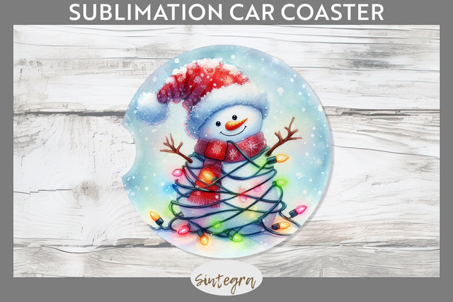 Christmas Snowman Entangled in Lights Car Coaster Sublimation Sublimation Sintegra 