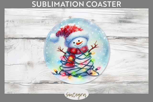 Christmas Snowman Entangled in Lights Round Coaster Sublimation Sublimation Sintegra 