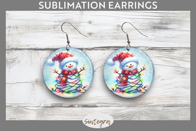 Christmas Snowman Entangled in Lights Round Earrings Sublimation Sublimation Sintegra 