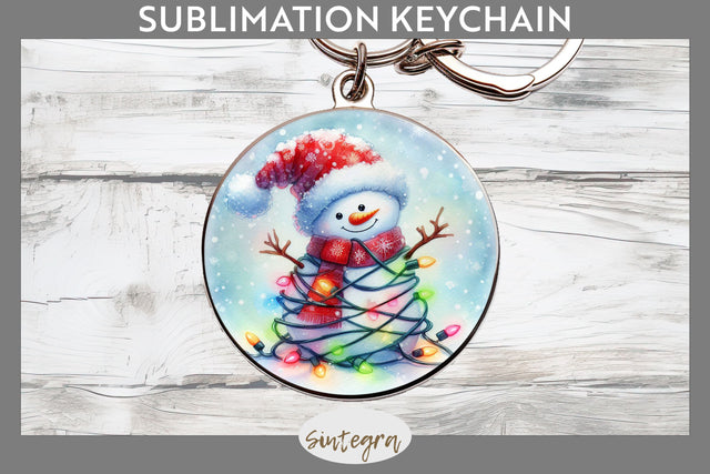 Christmas Snowman Entangled in Lights Round Keychain Sublimation Sublimation Sintegra 