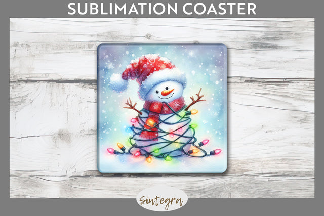 Christmas Snowman Entangled in Lights Square Coaster Sublimation Sublimation Sintegra 