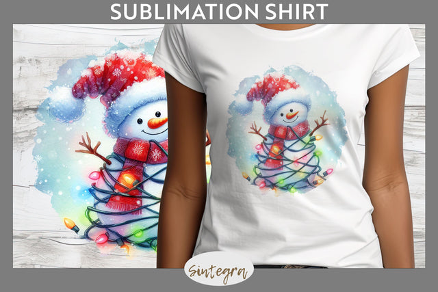 Christmas Snowman Entangled in Lights T-shirt Sublimation Sublimation Sintegra 
