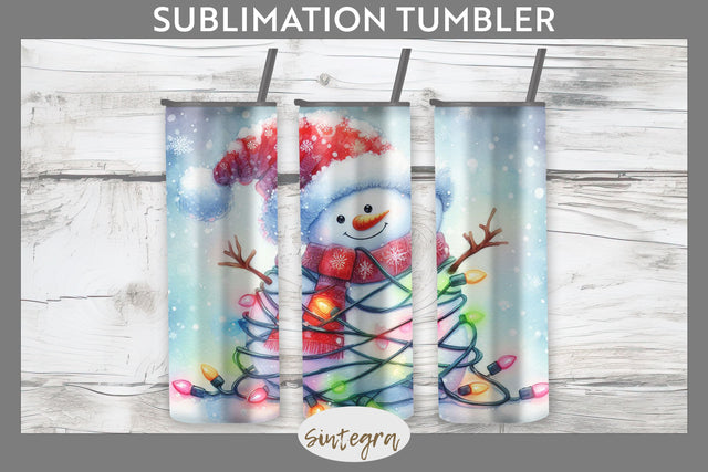 Christmas Snowman Entangled in Lights Tumbler Sublimation 20 oz Skinny Sublimation Sintegra 