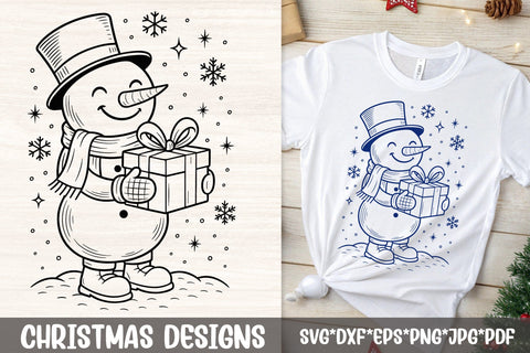 Christmas Snowman With Gift SVG | Top Hat Present Line Art SVG Tafti Art 